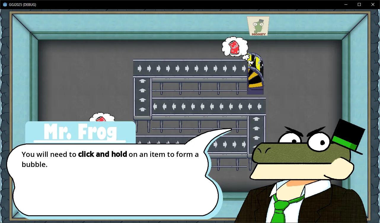 Screenshot of the first level of Bubble Sorter, with Mr. Frog commanding the player on what to do.