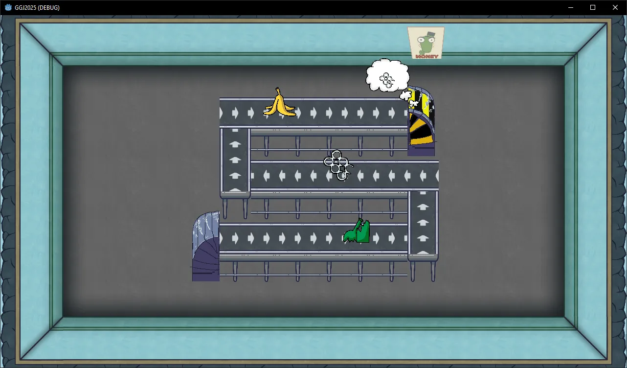 Screenshot of the first level of Bubble Sorter, with three items riding an S-shaped conveyor belt.