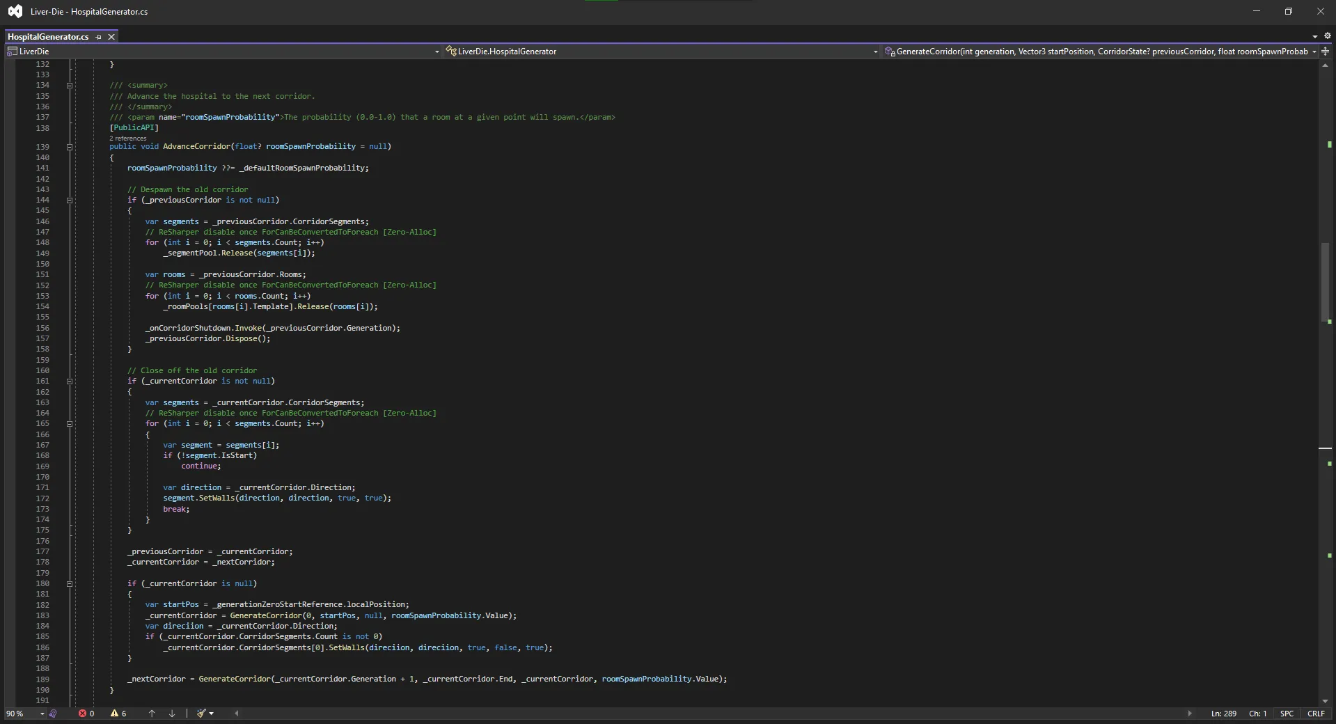 Screenshot of Liver Die's hallway generation system open in Visual Studio.