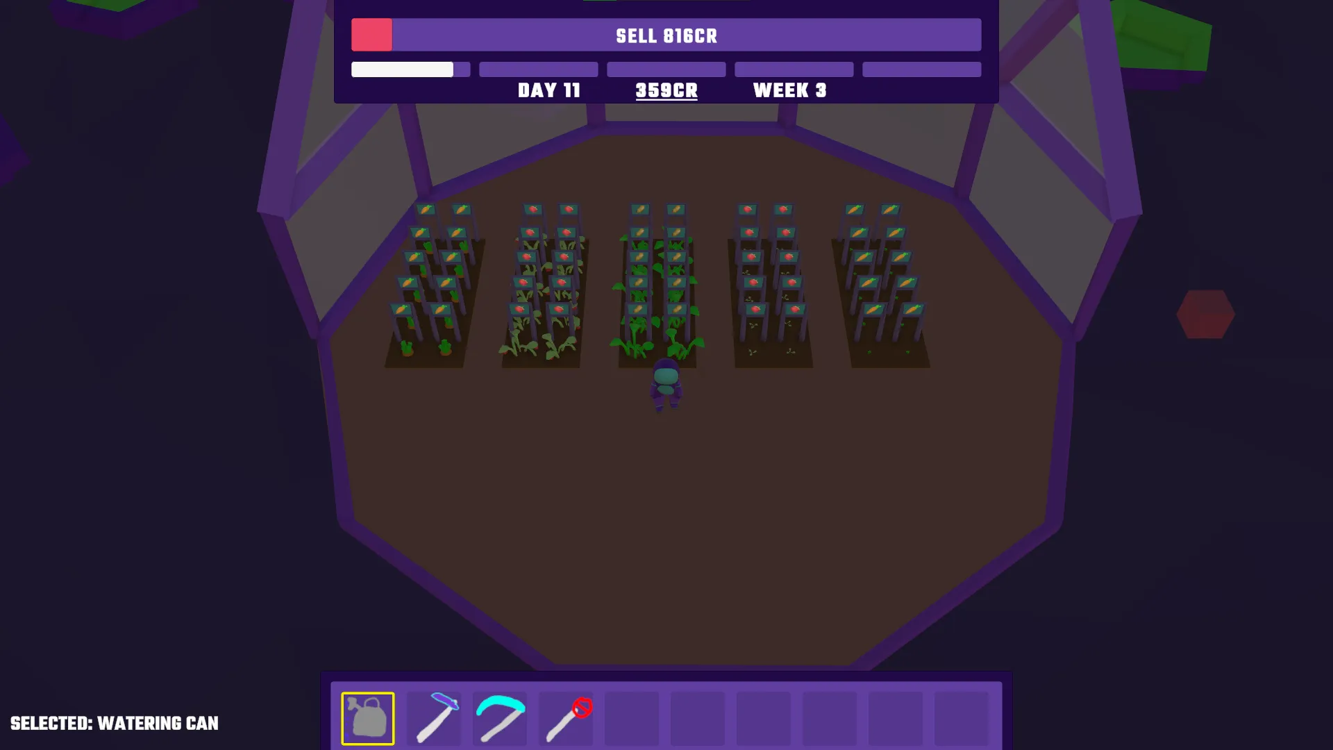 Screenshot of Lunaculture's main interface and a sample farm, showing the weekly UI progress.