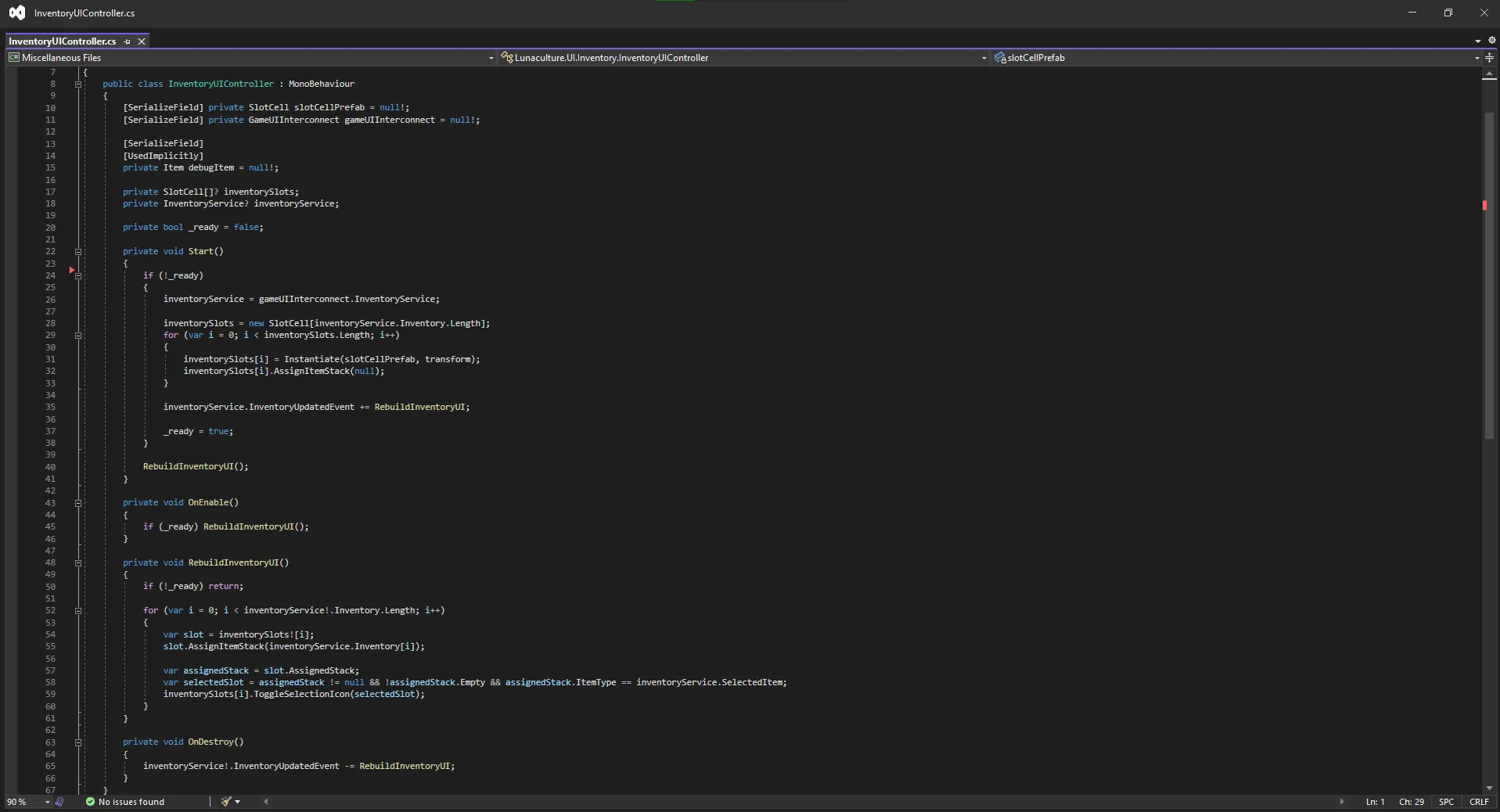 Screenshot of Lunaculture's inventory system open in Visual Studio.