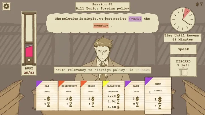 Animated graphic showing the titular Phil Buster reading off a sentence crafted by the player.