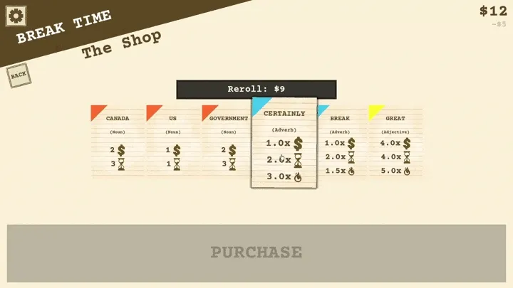 Animated graphic showing the player purchasing cards from the game's shop.
