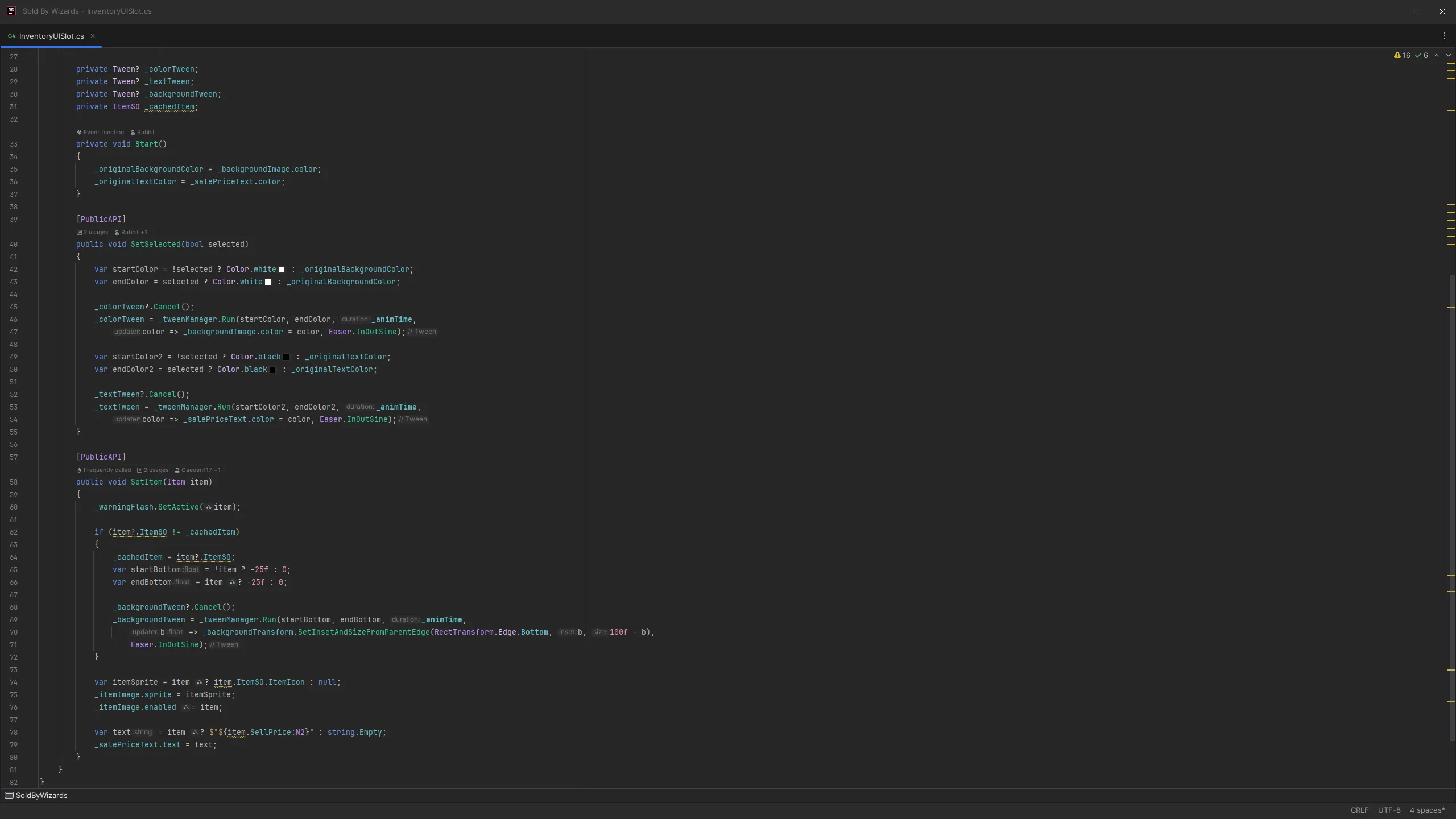 Screenshot of Sold By Wizard's inventory system open in JetBrains Rider.