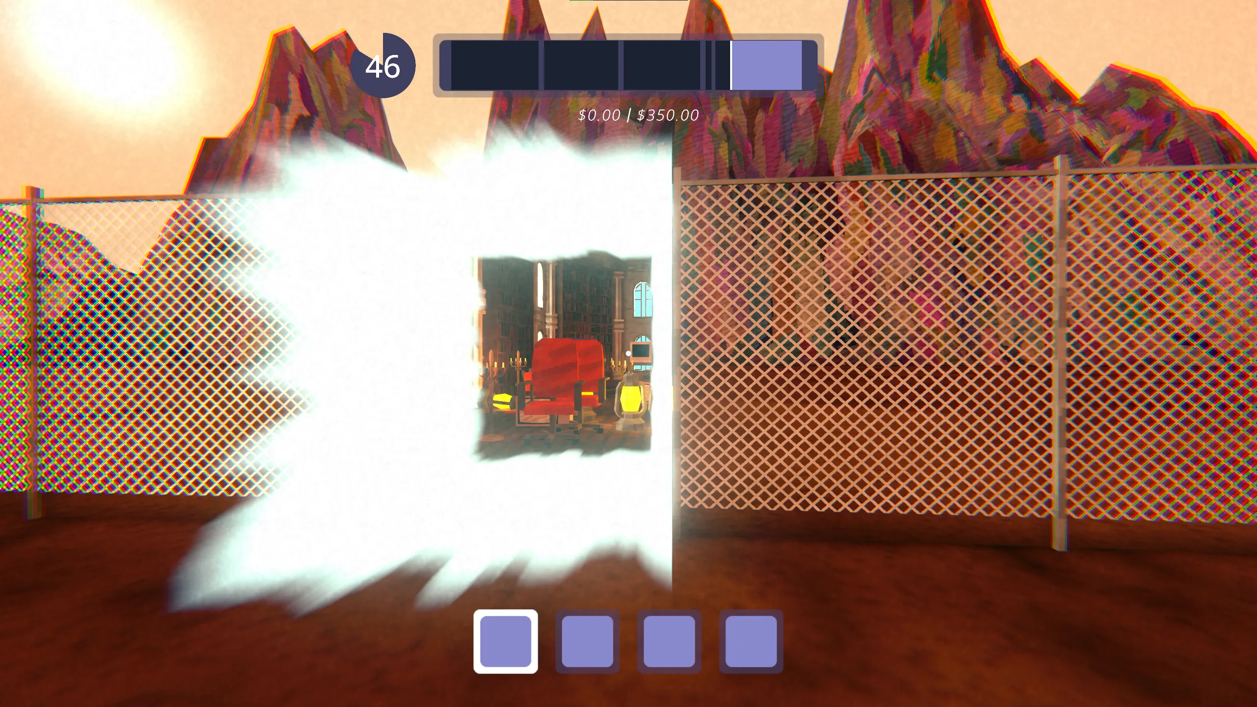 Screenshot of a level in Sold By Wizards, viewing the same portal as seen from the Wizard's tower from the other side. The Wizard tower is completely hidden, with the only visible portion being through the portal.