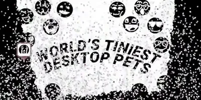 Animated graphic of pets eating the logo to World's Tiniest Desktop Pets.